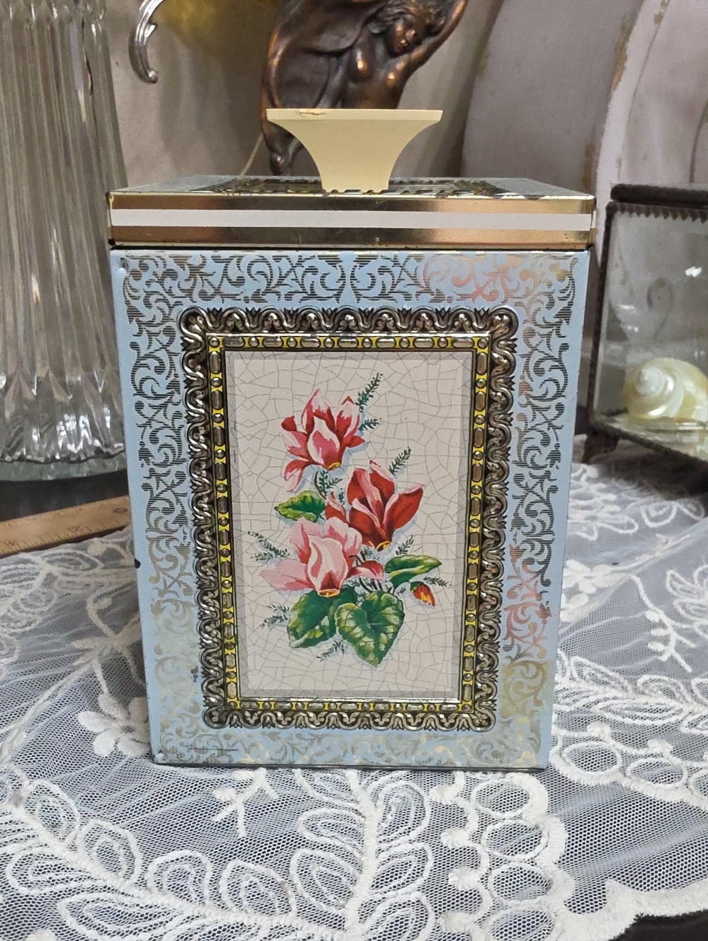 Vintage Decorative Floral Tin Canister - Light Blue